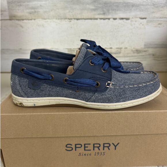 Sperry womens 7.5 Koifish sparkle canvas boat shoe loafer ribbon lace up leahter - Picture 4 of 7